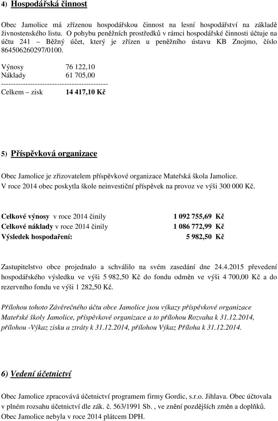 Výnosy 76 122,10 Náklady 61 705,00 -------------------------------------------- Celkem zisk 14 417,10 Kč 5) Příspěvková organizace Obec Jamolice je zřizovatelem příspěvkové organizace Mateřská škola