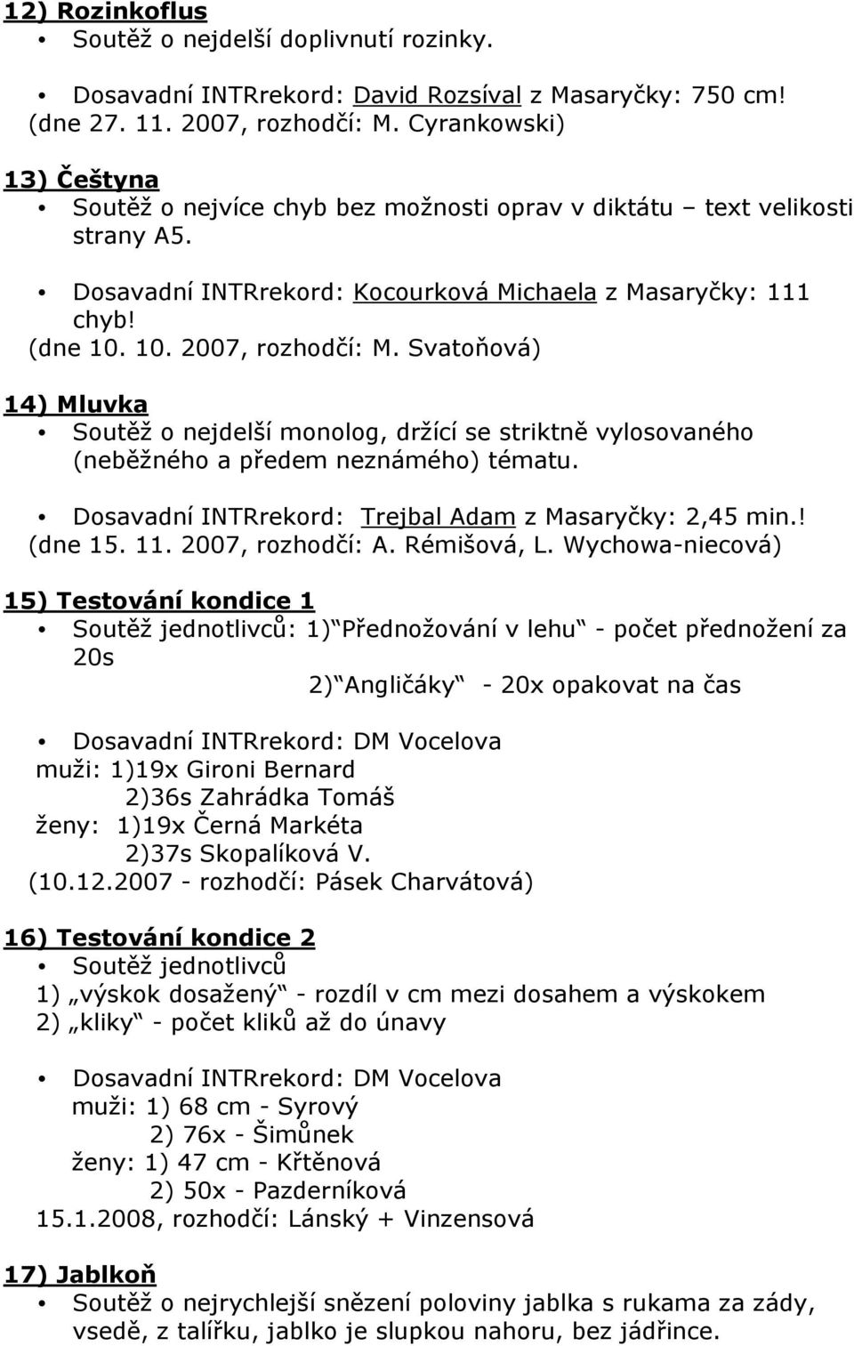 Svatoňová) 14) Mluvka Soutěž o nejdelší monolog, držící se striktně vylosovaného (neběžného a předem neznámého) tématu. Dosavadní INTRrekord: Trejbal Adam z Masaryčky: 2,45 min.! (dne 15. 11.