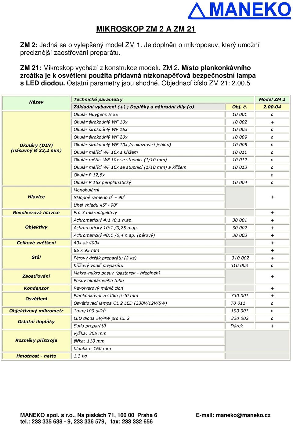 5 Název Okuláry (DIN) (násuvný Ø 23,2 mm) Hlavice Technické parametry Model ZM 2 Základní vybavení () ; Dopl ky a náhradní díly (o) Obj.. 2.00.