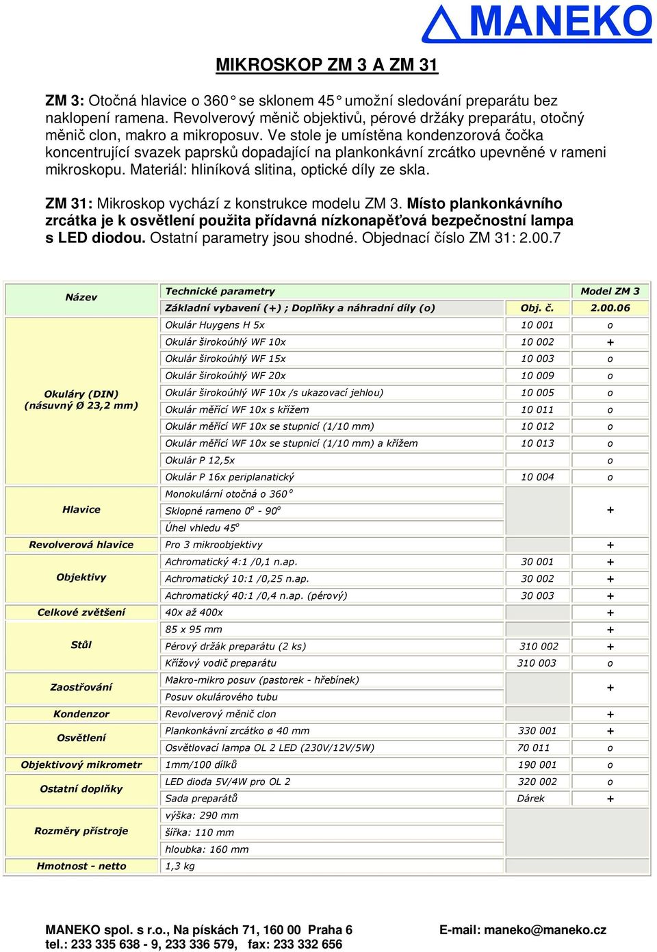 ZM 31: Mikroskop vychází z konstrukce modelu ZM 3. Místo plankonkávního zrcátka je k osv tlení použita p ídavná nízkonap ová bezpe nostní lampa s LED diodou. Ostatní parametry jsou shodné.