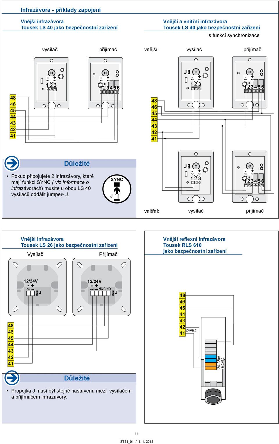 SYNC J vnitřní: vysílač přijímač Vnější infrazávora Tousek LS 26 jako bezpečnostní zařízení Vysílač Přijímač Vnější reflexní infrazávora Tousek RLS 610 jako bezpečnostní zařízení 48 46 45