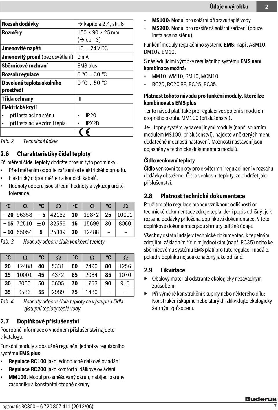 6 Charakteristiky čidel teploty Při měření čidel teploty dodržte prosím tyto podmínky: Před měřením odpojte zařízení od elektrického proudu. Elektrický odpor měřte na koncích kabelů.