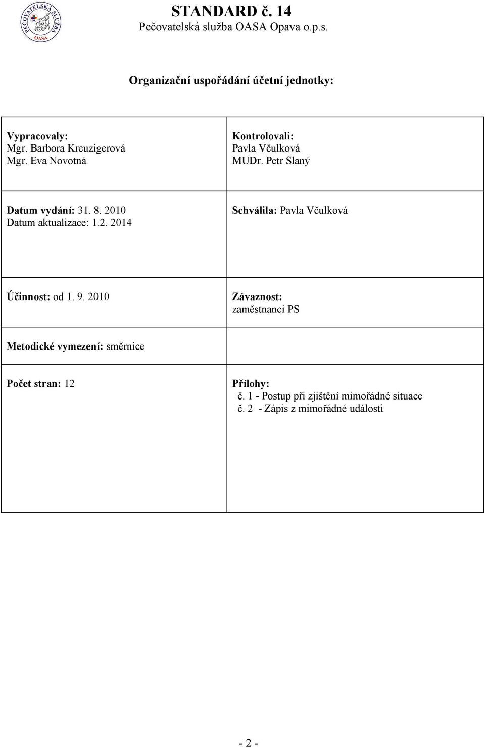 2010 Datum aktualizace: 1.2. 2014 Schválila: Pavla Včulková Účinnost: od 1. 9.