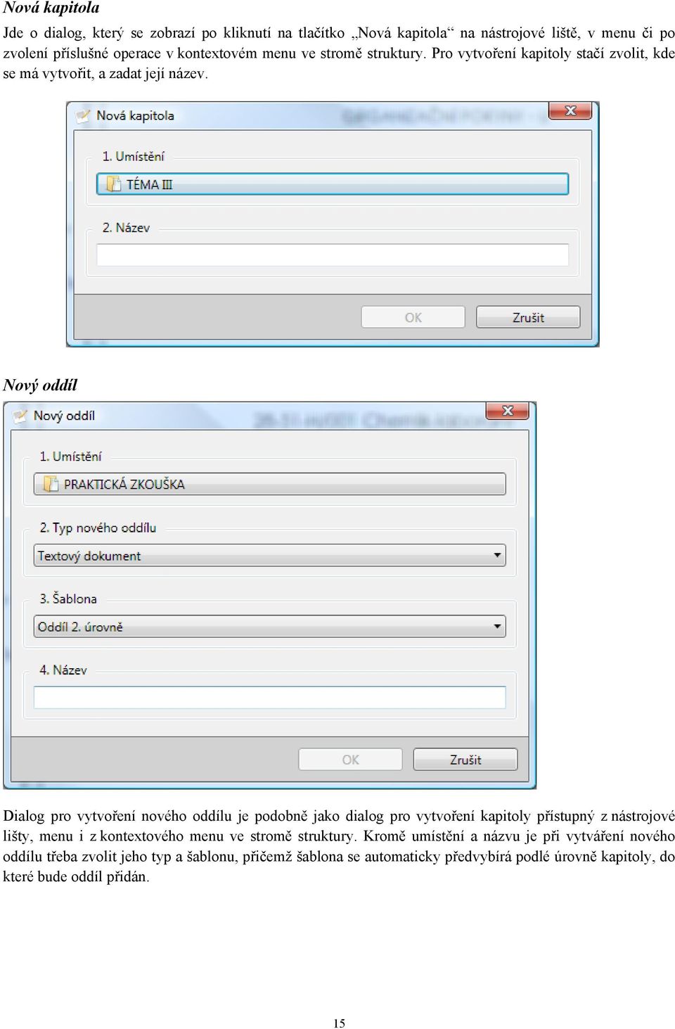 Nový oddíl Dialog pro vytvoření nového oddílu je podobně jako dialog pro vytvoření kapitoly přístupný z nástrojové lišty, menu i z kontextového menu ve