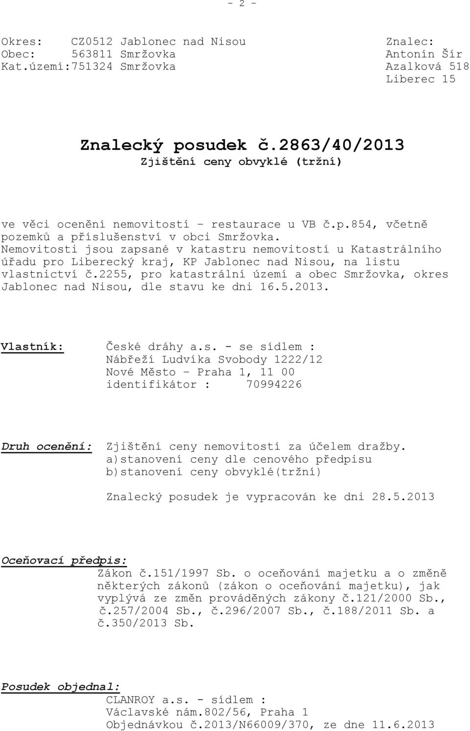 Nemovitosti jsou zapsané v katastru nemovitostí u Katastrálního úřadu pro Liberecký kraj, KP Jablonec nad Nisou, na listu vlastnictví č.