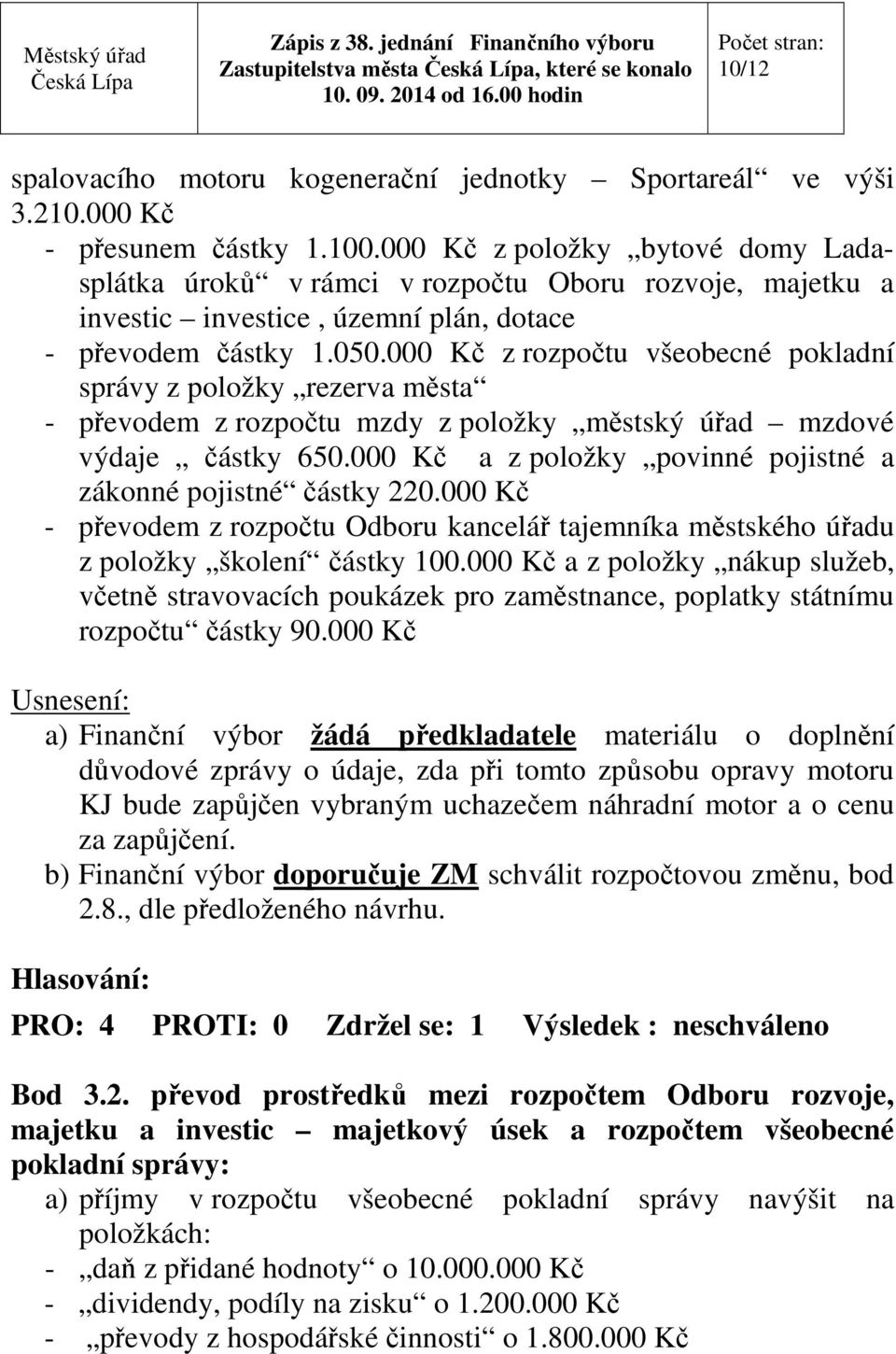 000 Kč z rozpočtu všeobecné pokladní správy z položky rezerva města - převodem z rozpočtu mzdy z položky městský úřad mzdové výdaje částky 650.