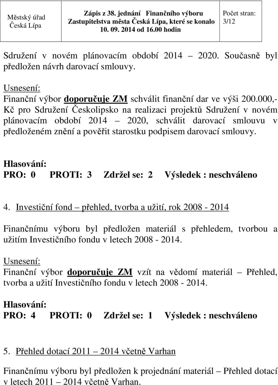 PRO: 0 PROTI: 3 Zdržel se: 2 Výsledek : neschváleno 4.