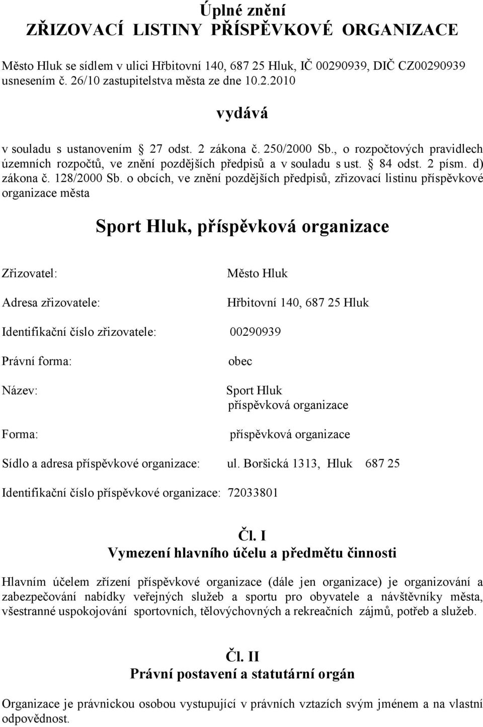 o obcích, ve znění pozdějších předpisů, zřizovací listinu příspěvkové organizace města Sport Hluk, příspěvková organizace Zřizovatel: Adresa zřizovatele: Město Hluk Hřbitovní 140, 687 25 Hluk