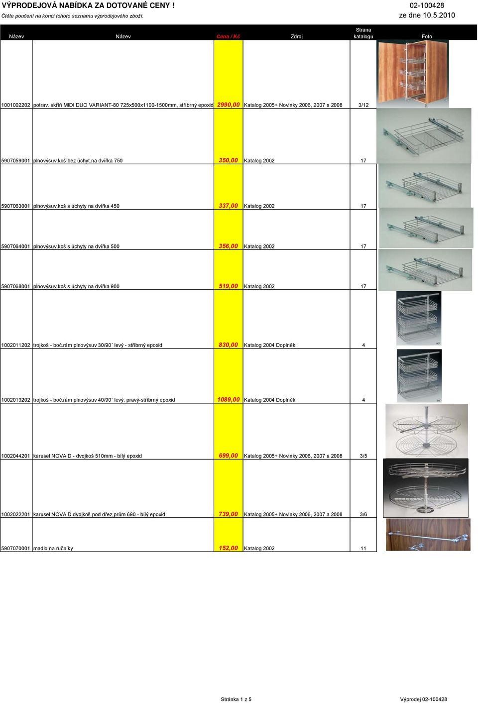 na dvířka 750 350,00 Katalog 2002 17 5907063001 plnovýsuv.koš s úchyty na dvířka 450 337,00 Katalog 2002 17 5907064001 plnovýsuv.koš s úchyty na dvířka 500 356,00 Katalog 2002 17 5907068001 plnovýsuv.