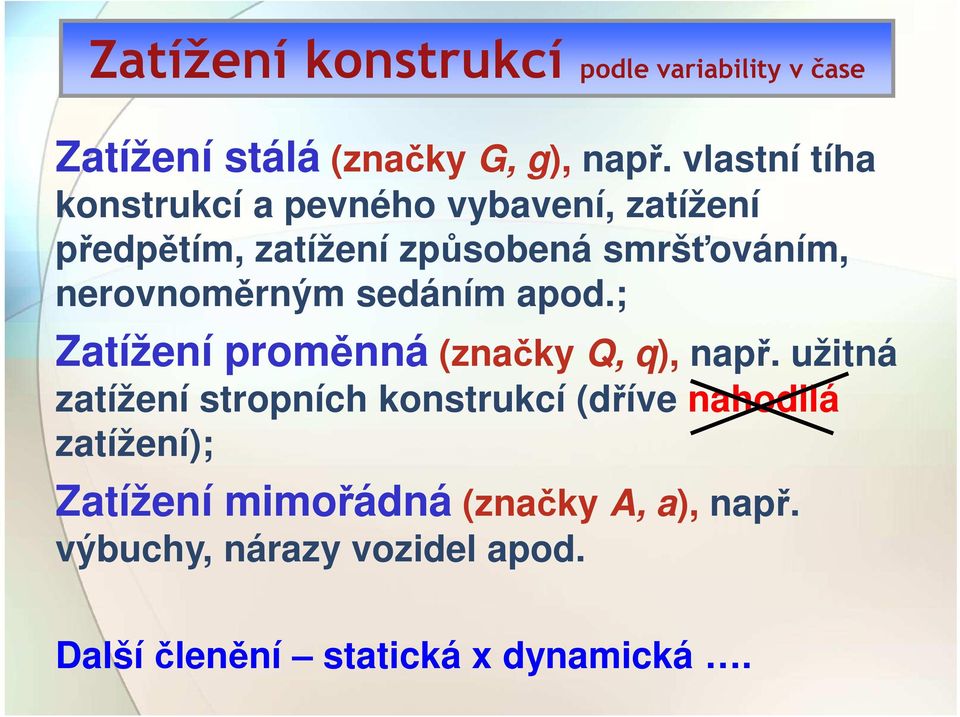 nerovnoměrným sedáním apod.; Zatížení proměnná (značky Q, q), např.