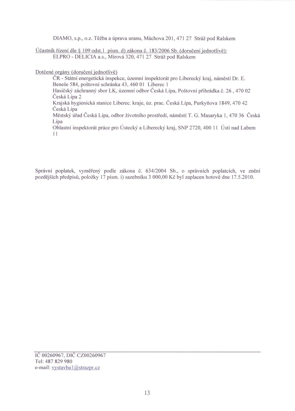 prac. Česká Lípa, Purkyňova 1849,47042 Česká Lípa Městský úřad Česká Lípa, odbor životního prostředí, náměstí T. G.