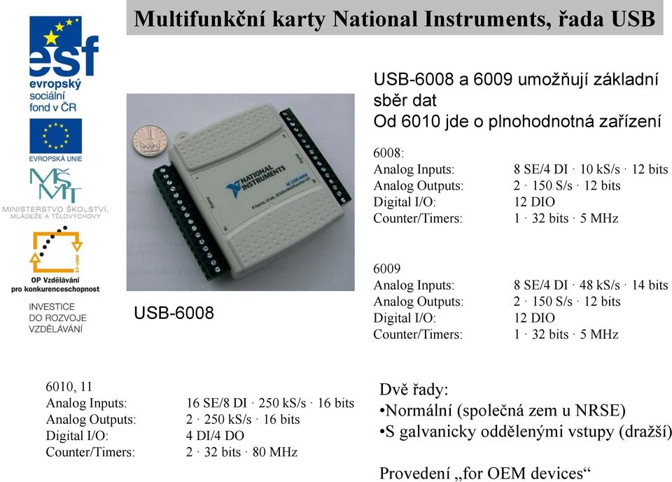 Digital I/O: Counter/Timers: 8 SE/4 DI 10 ks/s 12 bits 2 150 S/s 12 bits 12 DIO 1 32 bits 5 MHz 6009 Analog Inputs: Analog Outputs: Digital I/O: Counter/Timers: 8