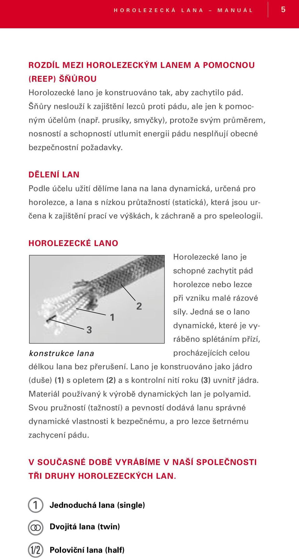 prusíky, smyčky), protože svým průměrem, nosností a schopností utlumit energii pádu nesplňují obecné bezpečnostní požadavky.