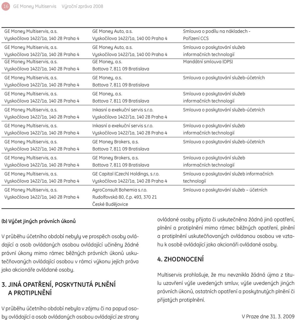 s. GE Money, a.s. Smlouva o poskytování služeb-účetních Vyskočilova 1422/1a, 140 28 Praha 4 Bottova 7, 811 09 Bratislava GE Money Multiservis, a.s. GE Money, a.s. Smlouva o poskytování služeb Vyskočilova 1422/1a, 140 28 Praha 4 Bottova 7, 811 09 Bratislava informačních technologií GE Money Multiservis, a.