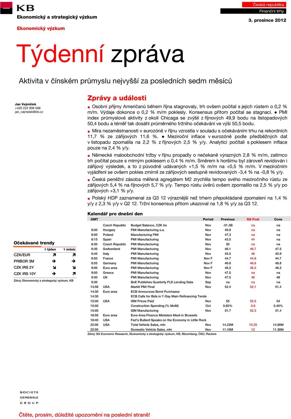 cz Očekávané trendy 1 týden 1 měsíc CZK/EUR PRIBOR 3M CZK IRS 2Y CZK IRS 10Y Zdroj: Ekonomický a strategický výzkum, KB Zprávy a události Osobní příjmy Američanů během října stagnovaly, trh ovšem