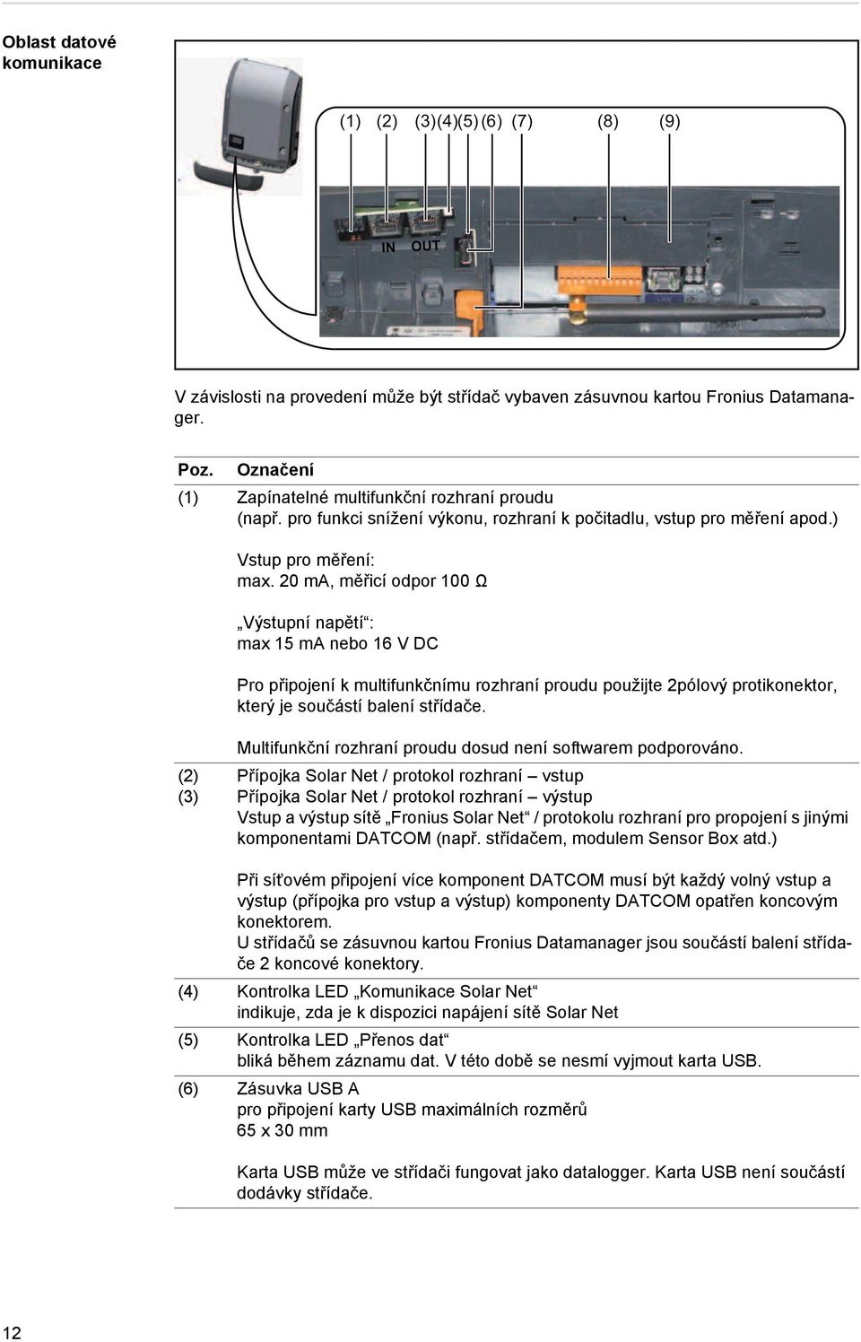 20 ma, měřicí odpor 100 Ω Výstupní napětí : max 15 ma nebo 16 V DC Pro připojení k multifunkčnímu rozhraní proudu použijte 2pólový protikonektor, který je součástí balení střídače.