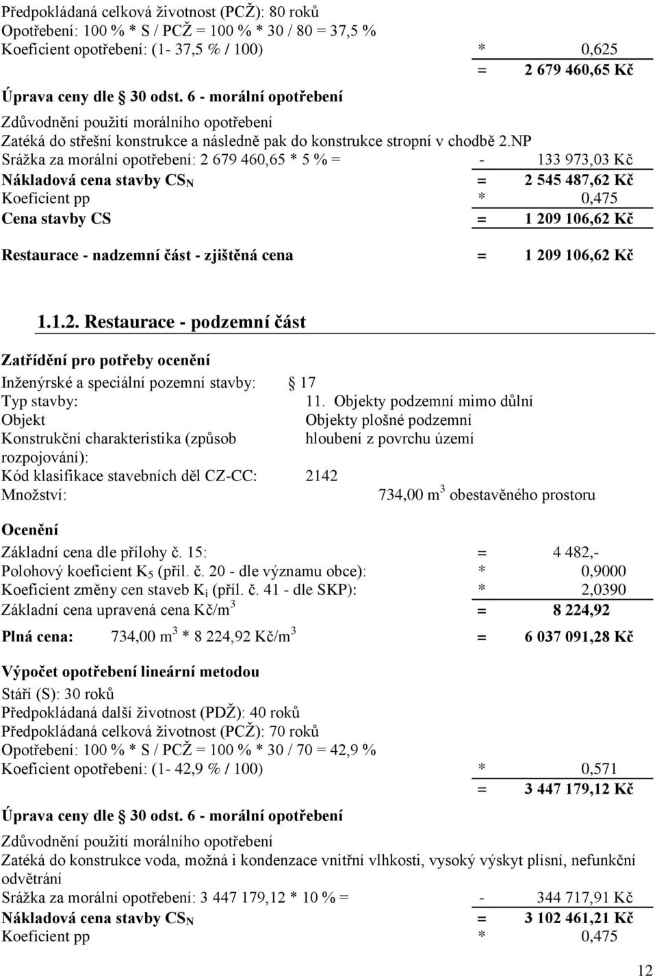 NP Srážka za morální opotřebení: 2 679 460,65 * 5 % = - 133 973,03 Kč Nákladová cena stavby CS N = 2 545 487,62 Kč Koeficient pp * 0,475 Cena stavby CS = 1 209 106,62 Kč Restaurace - nadzemní část -
