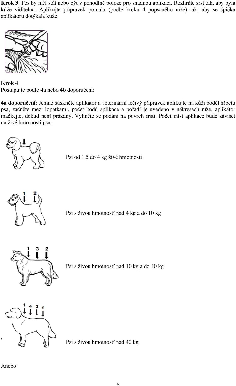 Krok 4 Postupujte podle 4a nebo 4b doporučení: 4a doporučení: Jemně stiskněte aplikátor a veterinární léčivý přípravek aplikujte na kůži podél hřbetu psa, začněte mezi lopatkami, počet