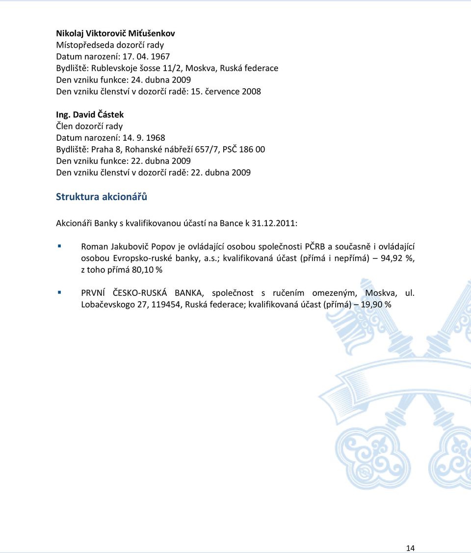 1968 Bydliště: Praha 8, Rohanské nábřeží 657/7, PSČ 186 00 Den vzniku funkce: 22. dubna 2009 Den vzniku členství v dozorčí radě: 22.