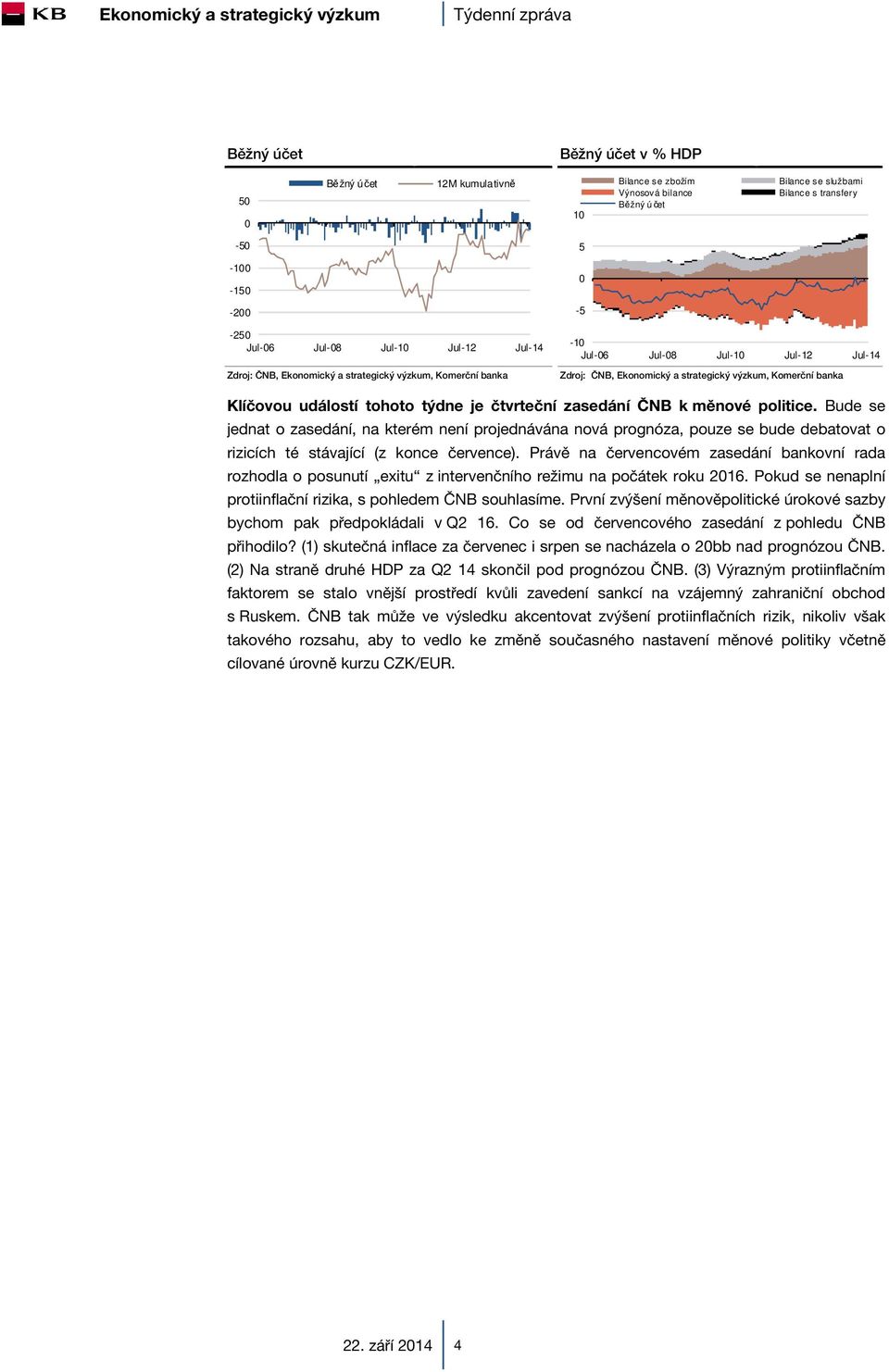 týdne je čtvrteční zasedání ČNB k měnové politice. Bude se jednat o zasedání, na kterém není projednávána nová prognóza, pouze se bude debatovat o rizicích té stávající (z konce července).