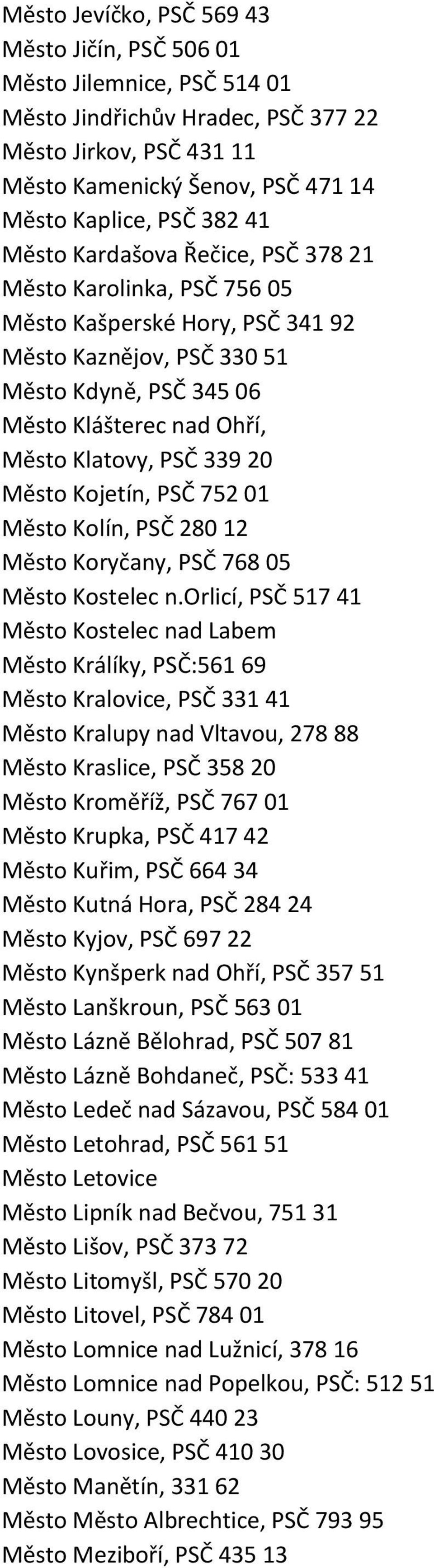 Město Kojetín, PSČ 752 01 Město Kolín, PSČ 280 12 Město Koryčany, PSČ 768 05 Město Kostelec n.