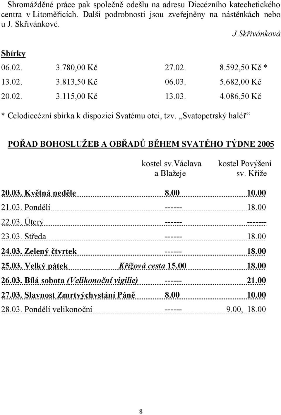 Svatopetrský haléř POŘAD BOHOSLUŽEB A OBŘADŮ BĚHEM SVATÉHO TÝDNE 2005 kostel sv.václava a Blažeje kostel Povýšení sv. Kříže 20.03. Květná neděle 8.00 10.00 21.03. Pondělí ------ 18.00 22.03. Úterý ------ ------- 23.