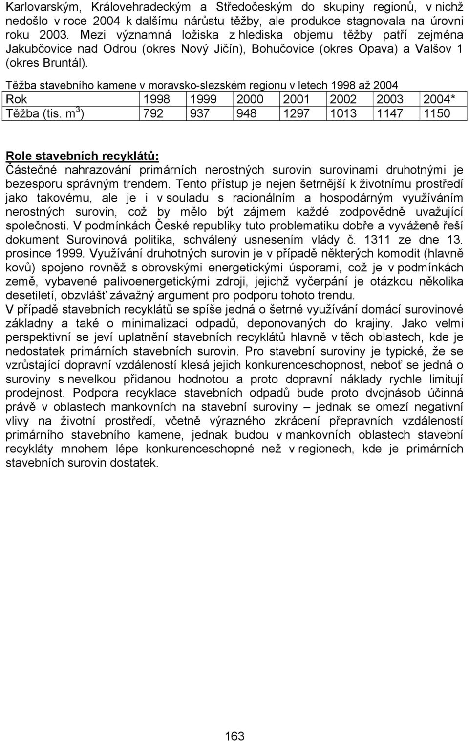 Těžba stavebního kamene v moravsko-slezském regionu v letech 1998 až 2004 Těžba (tis.