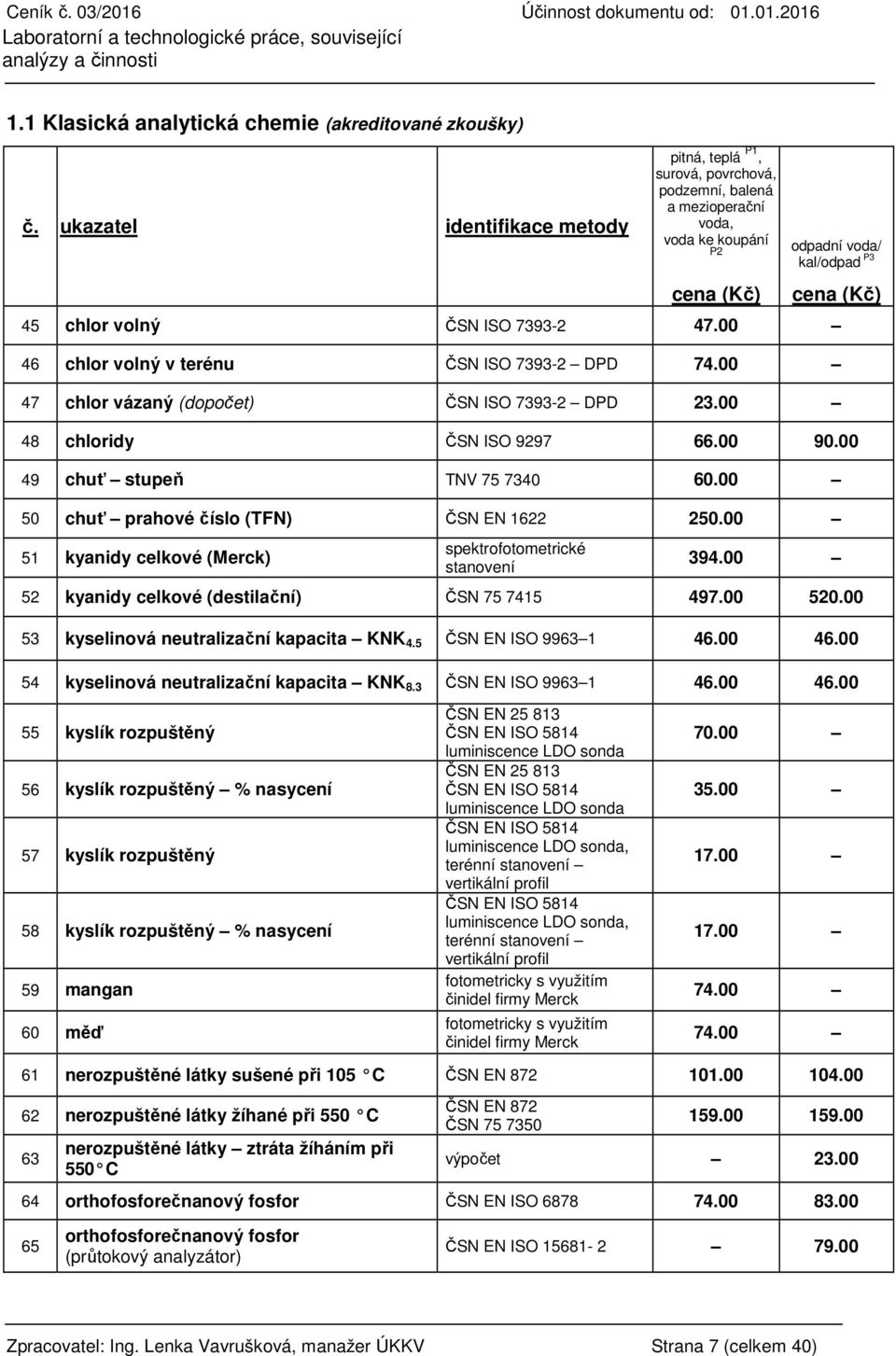 00 46 chlor volný v terénu ČSN ISO 7393-2 DPD 74.00 47 chlor vázaný (dopočet) ČSN ISO 7393-2 DPD 23.00 48 chloridy ČSN ISO 9297 66.00 90.00 49 chuť stupeň TNV 75 7340 60.