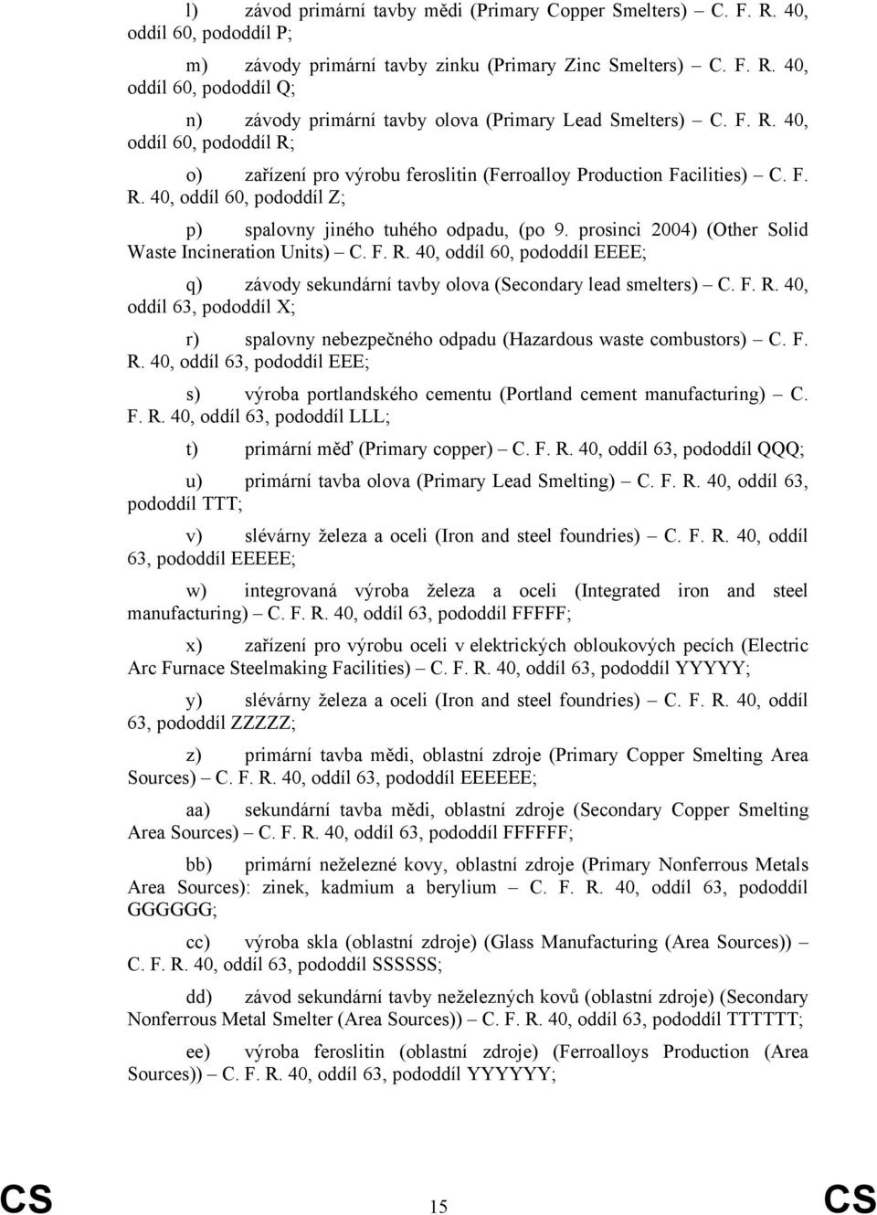 prosinci 2004) (Other Solid Waste Incineration Units) C. F. R. 40, oddíl 60, pododdíl EEEE; q) závody sekundární tavby olova (Secondary lead smelters) C. F. R. 40, oddíl 63, pododdíl X; r) spalovny nebezpečného odpadu (Hazardous waste combustors) C.