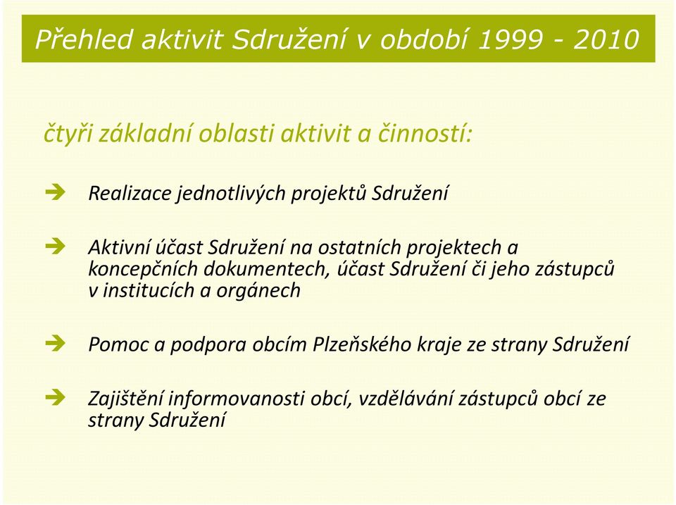 dokumentech, účast Sdružení či jeho zástupců v institucích a orgánech Pomoc a podpora obcím