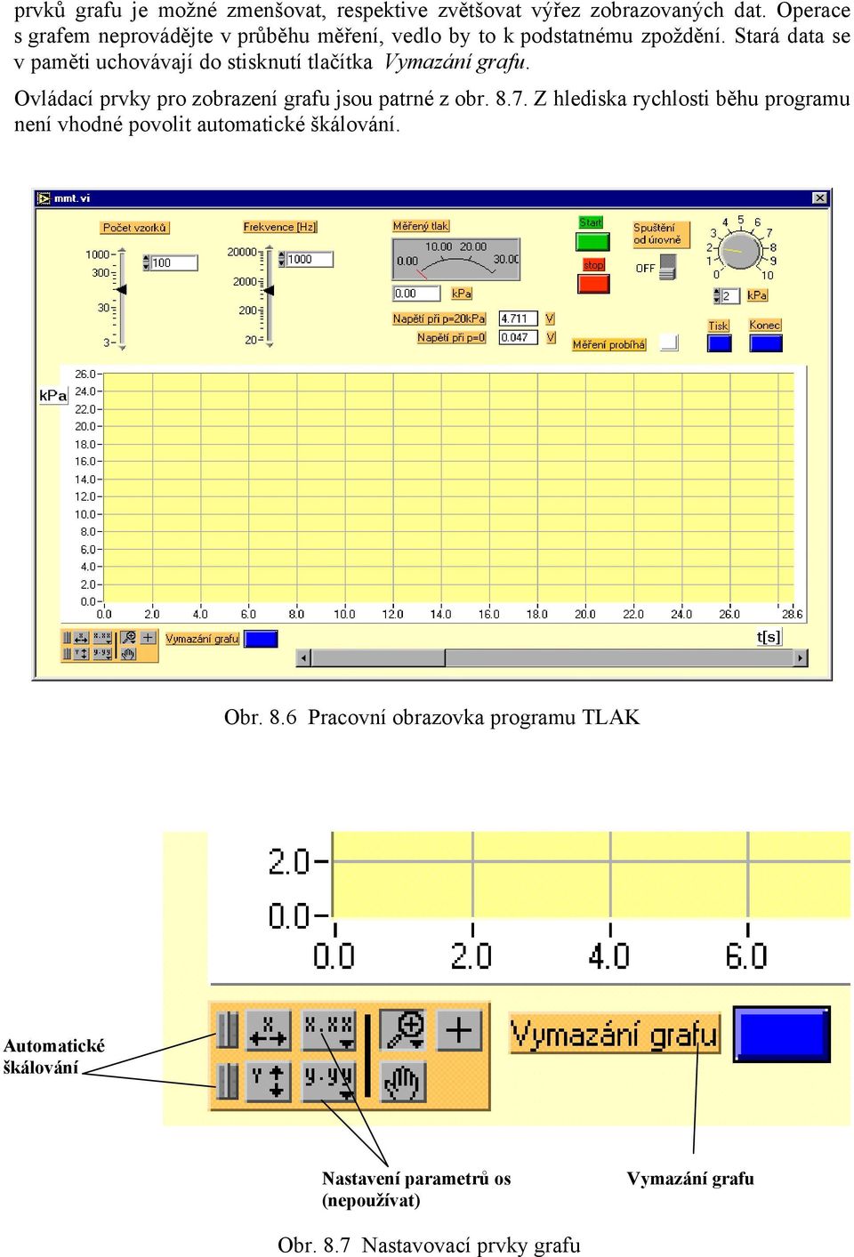 Stará data se v paměti uchovávají do stisknutí tlačítka Vymazání grafu. Ovládací prvky pro zobrazení grafu jsou patrné z obr. 8.7.