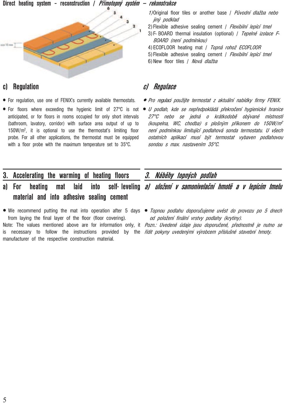 lepící tmel 6) New floor tiles / Nová dlažba c) Regulation For regulation, use one of FENIX s currently available thermostats.