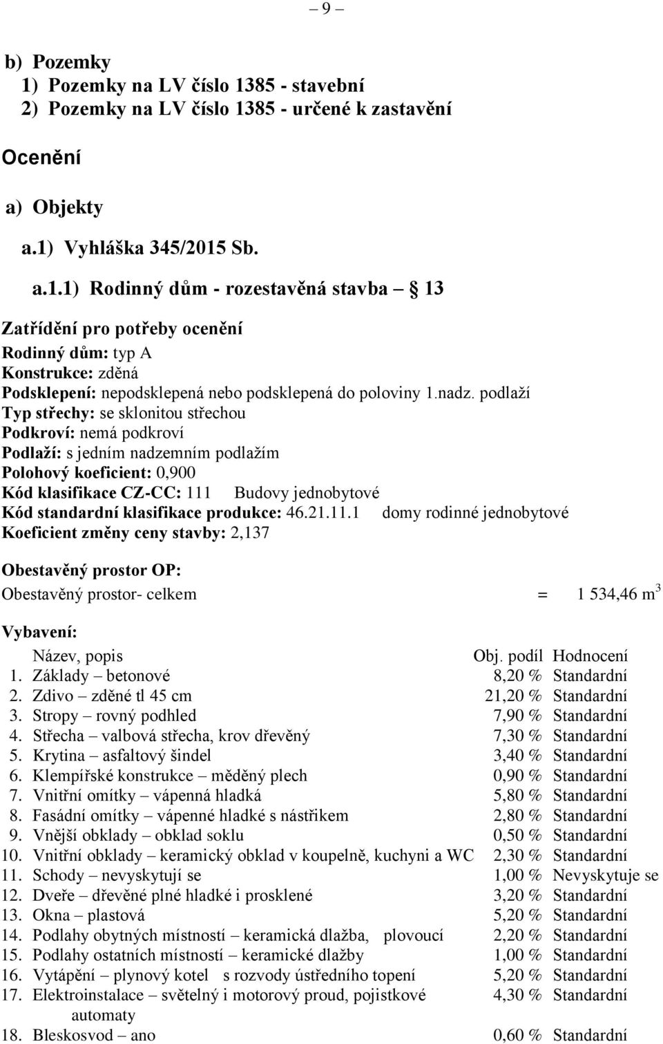 klasifikace produkce: 46.21.11.1 domy rodinné jednobytové Koeficient změny ceny stavby: 2,137 Obestavěný prostor OP: Obestavěný prostor- celkem = 1 534,46 m 3 Vybavení: Název, popis Obj.