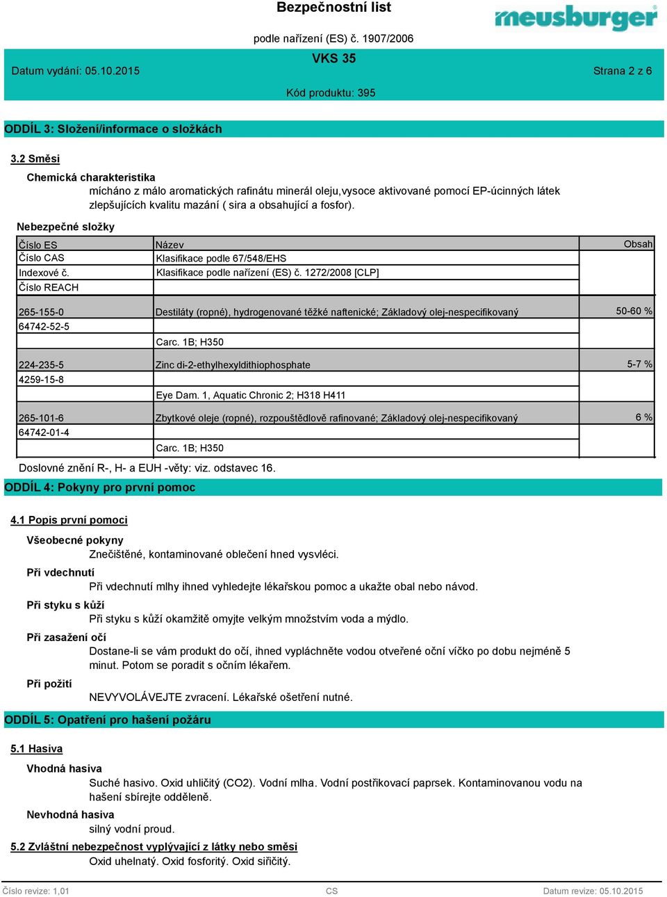 Nebezpečné složky Číslo ES Číslo CAS Indexové č. Číslo REACH 265-155-0 64742-52-5 224-235-5 4259-15-8 Název Klasifikace podle 67/548/EHS Klasifikace podle nařízení (ES) č.