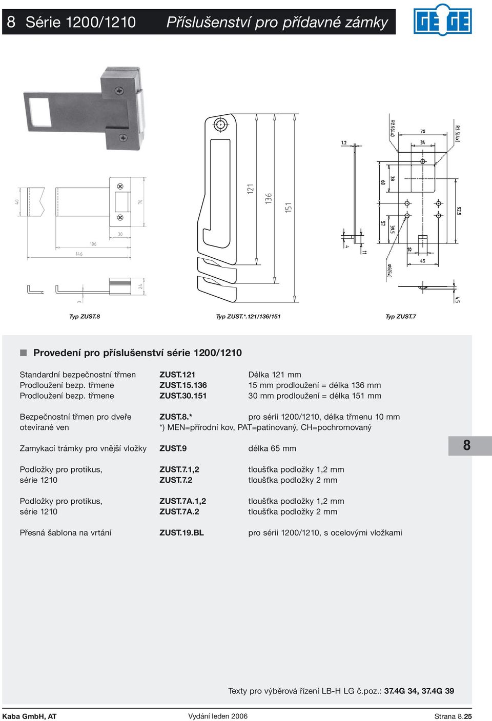 * pro sérii 1200/1210, délka třmenu 10 mm otevírané ven *) MEN=přírodní kov, PAT=patinovaný, CH=pochromovaný Zamykací trámky pro vnější vložky ZUST.9 délka 65 mm 8 Podložky pro protikus, ZUST.7.