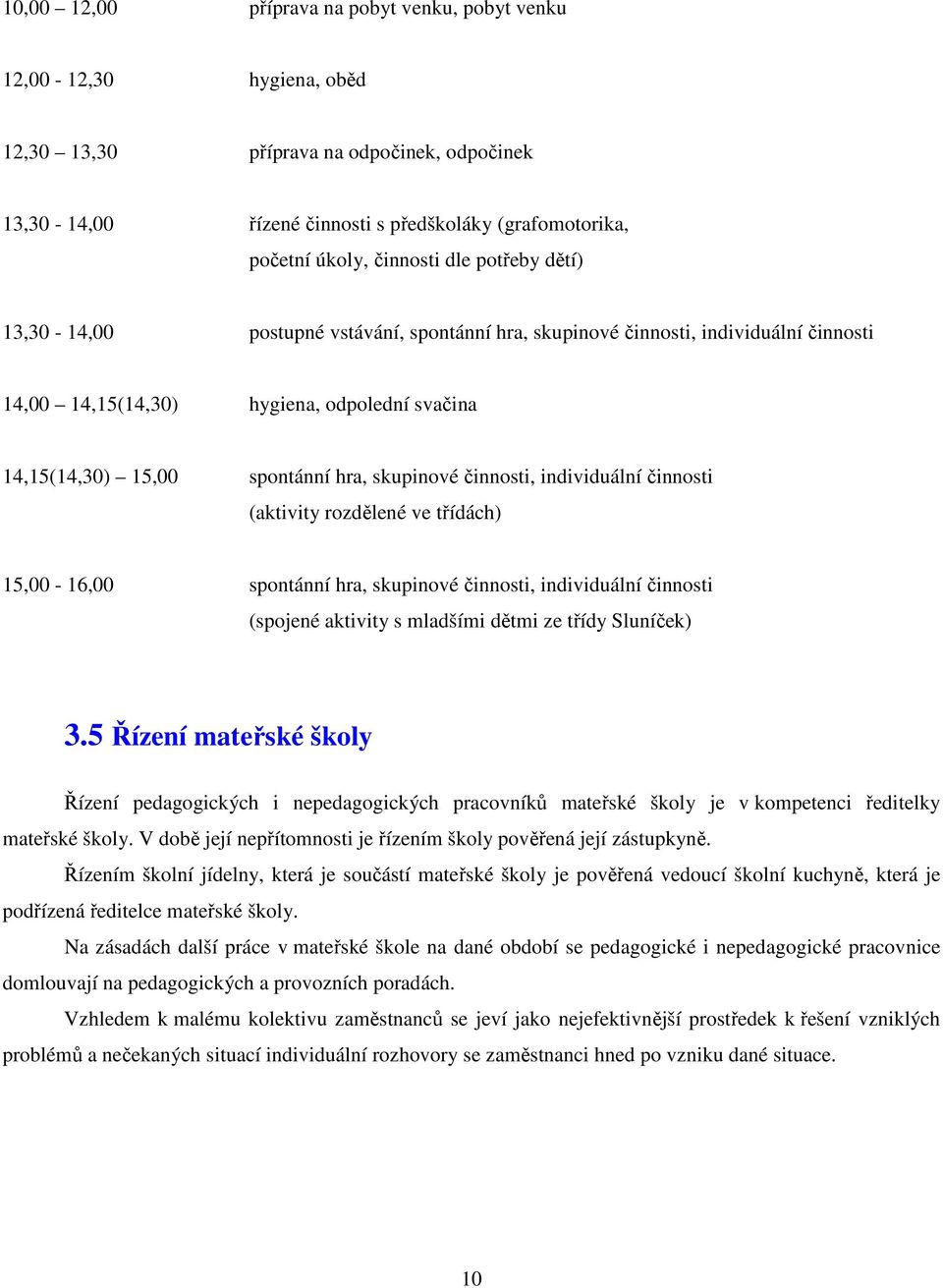 skupinové činnosti, individuální činnosti (aktivity rozdělené ve třídách) 15,00-16,00 spontánní hra, skupinové činnosti, individuální činnosti (spojené aktivity s mladšími dětmi ze třídy Sluníček) 3.