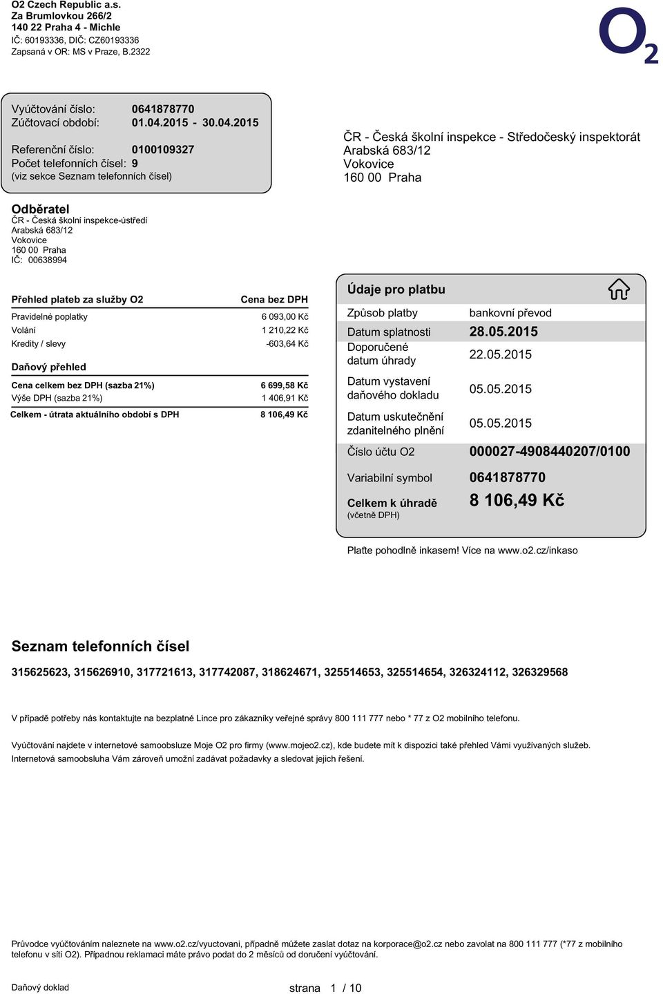 2015 Referenční číslo: 0100109327 Počet telefonních čísel: 9 (viz sekce Seznam telefonních čísel) ČR - Česká školní inspekce - Středočeský inspektorát Arabská 683/12 Vokovice 160 00 Praha Odběratel