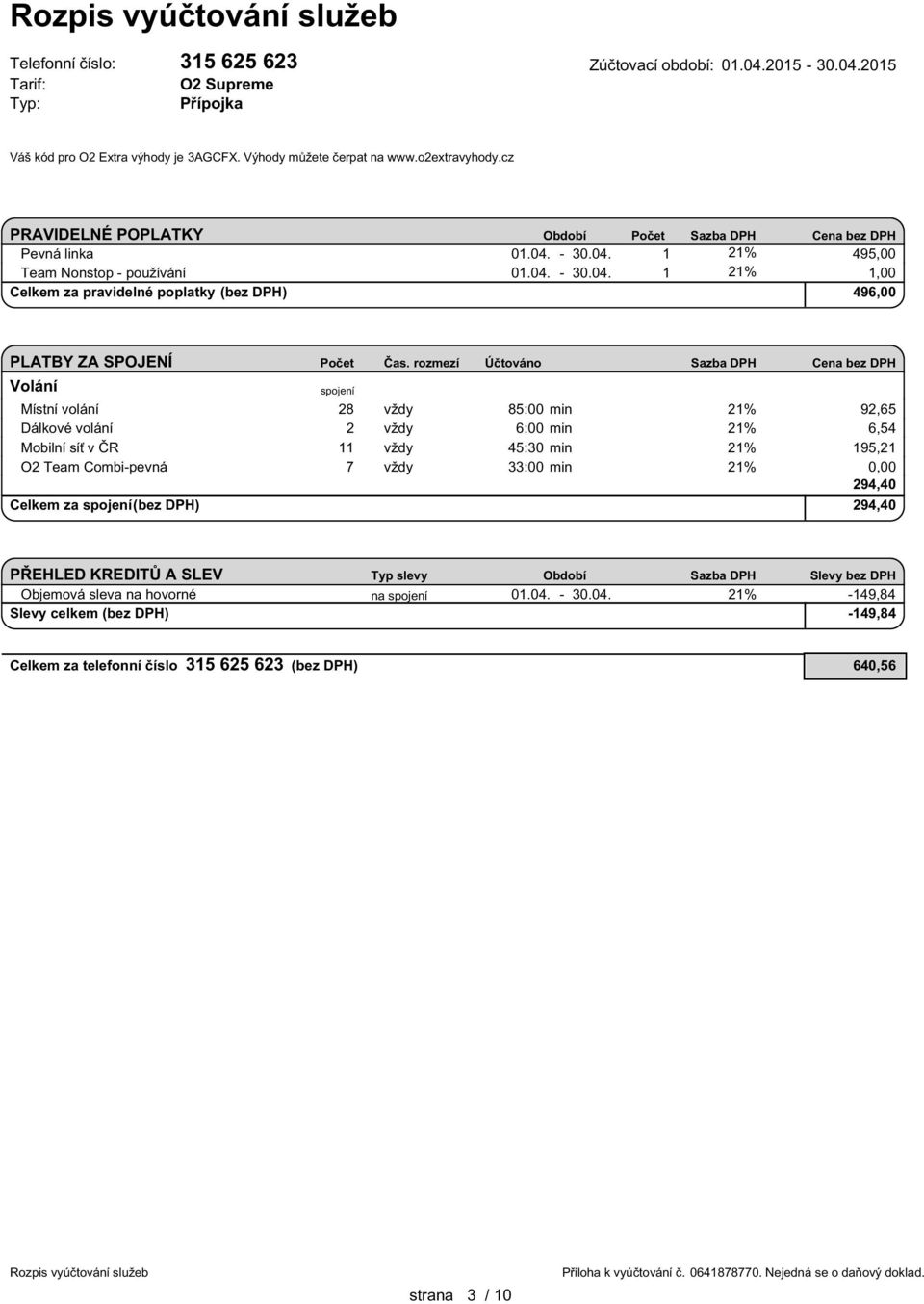 6,54 Mobilní síť v ČR 11 vždy 45:30 min 21% 195,21 O2 Team Combi-pevná 7 vždy 33:00 min 21% 0,00 294,40 Celkem za (bez DPH)