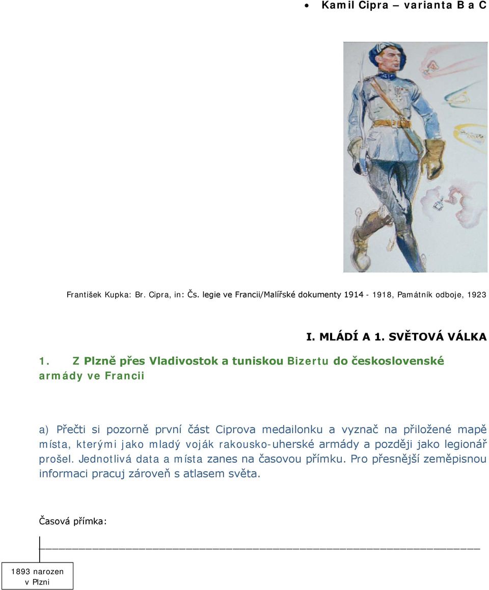 Z Plzně přes Vladivostok a tuniskou Bizertu do československé armády ve Francii a) Přečti si pozorně první část Ciprova medailonku a vyznač