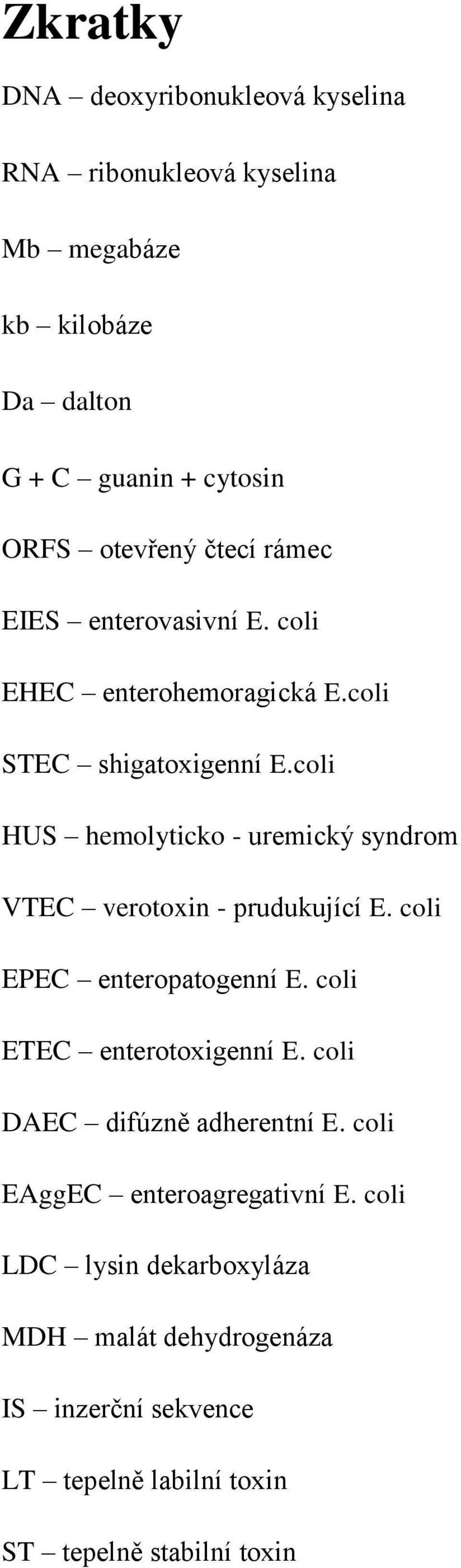 coli HUS hemolyticko - uremický syndrom VTEC verotoxin - prudukující E. coli EPEC enteropatogenní E. coli ETEC enterotoxigenní E.