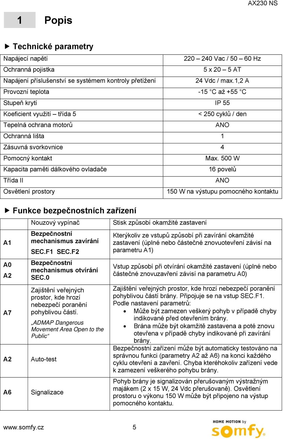 dálkového ovladače Třída II Osvětlení prostory Funkce bezpečnostních zařízení A1 A0 A2 A7 A2 A6 Nouzový vypínač Bezpečnostní mechanismus zavírání SEC.F1 SEC.F2 Bezpečnostní mechanismus otvírání SEC.