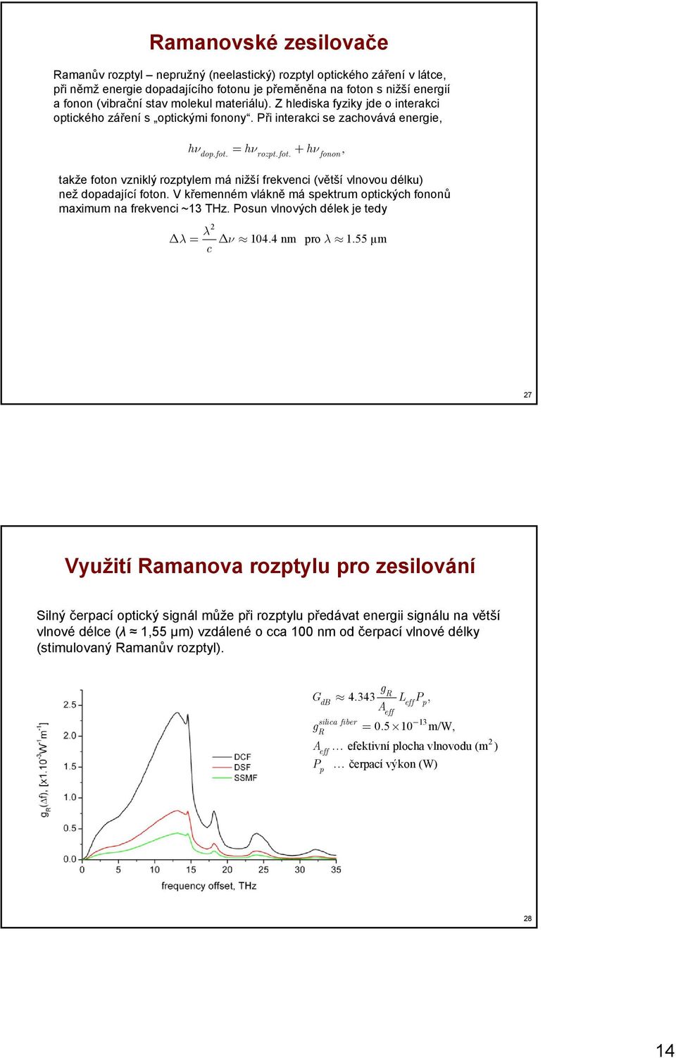 rozpt. fot. fonon takže foton vzniký rozptyem má nižší frekvenci (větší vnovou déku) než dopadající foton. V křemenném vákně má pektrum optických fononů maximum na frekvenci ~13 THz.