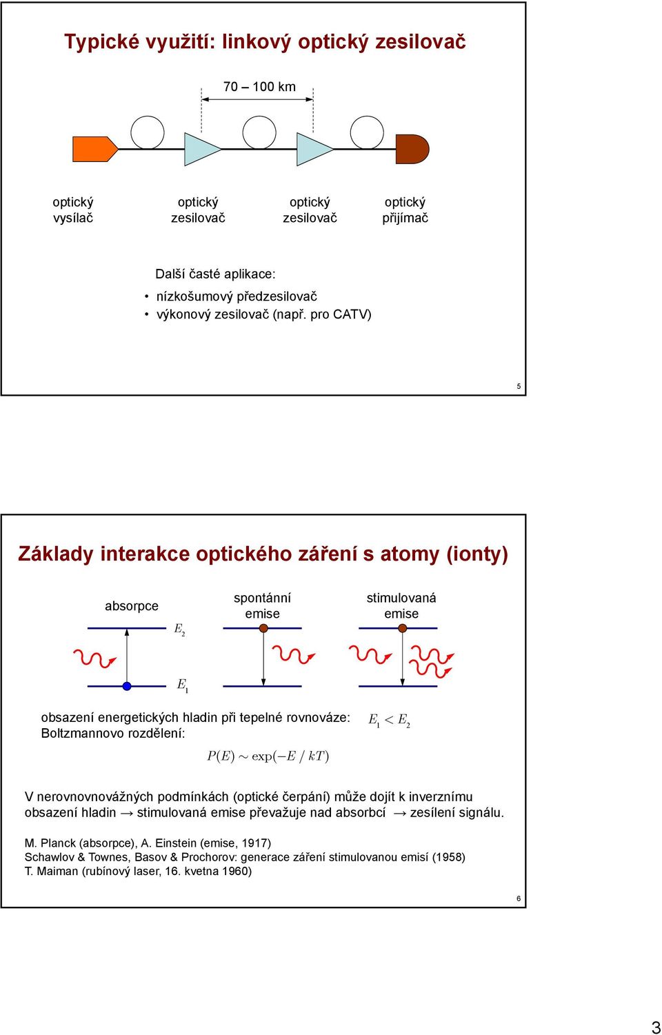 pro CATV) 5 Zákady interakce optického záření atomy (ionty) aborpce pontánní emie timuovaná emie E E 1 obazení energetických hadin při tepené rovnováze: Botzmannovo