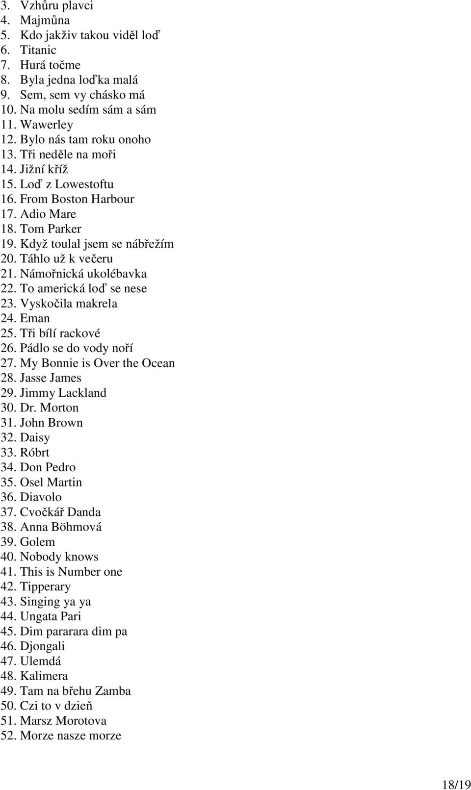 Námořnická ukolébavka 22. To americká loď se nese 23. Vyskočila makrela 24. Eman 25. Tři bílí rackové 26. Pádlo se do vody noří 27. My Bonnie is Over the Ocean 28. Jasse James 29. Jimmy Lackland 30.