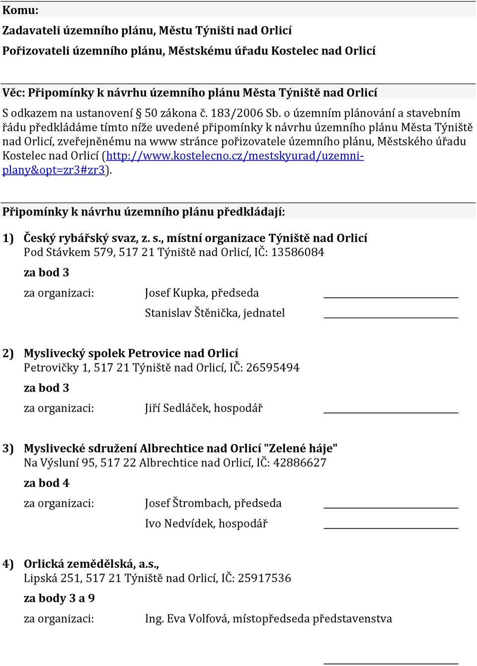 o územním plánování a stavebním řádu předkládáme tímto níže uvedené připomínky k návrhu územního plánu Města Týniště nad Orlicí, zveřejněnému na www stránce pořizovatele územního plánu, Městského