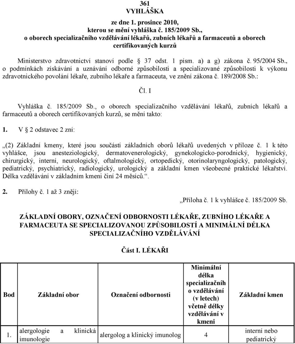 , o podmínkách získávání a uznávání odborné i a specializované i k výkonu zdravotnického povolání lékaře, zubního lékaře a farmaceuta, ve znění zákona č. 189/2008 Sb.: Čl. I Vyhláška č. 185/2009 Sb.