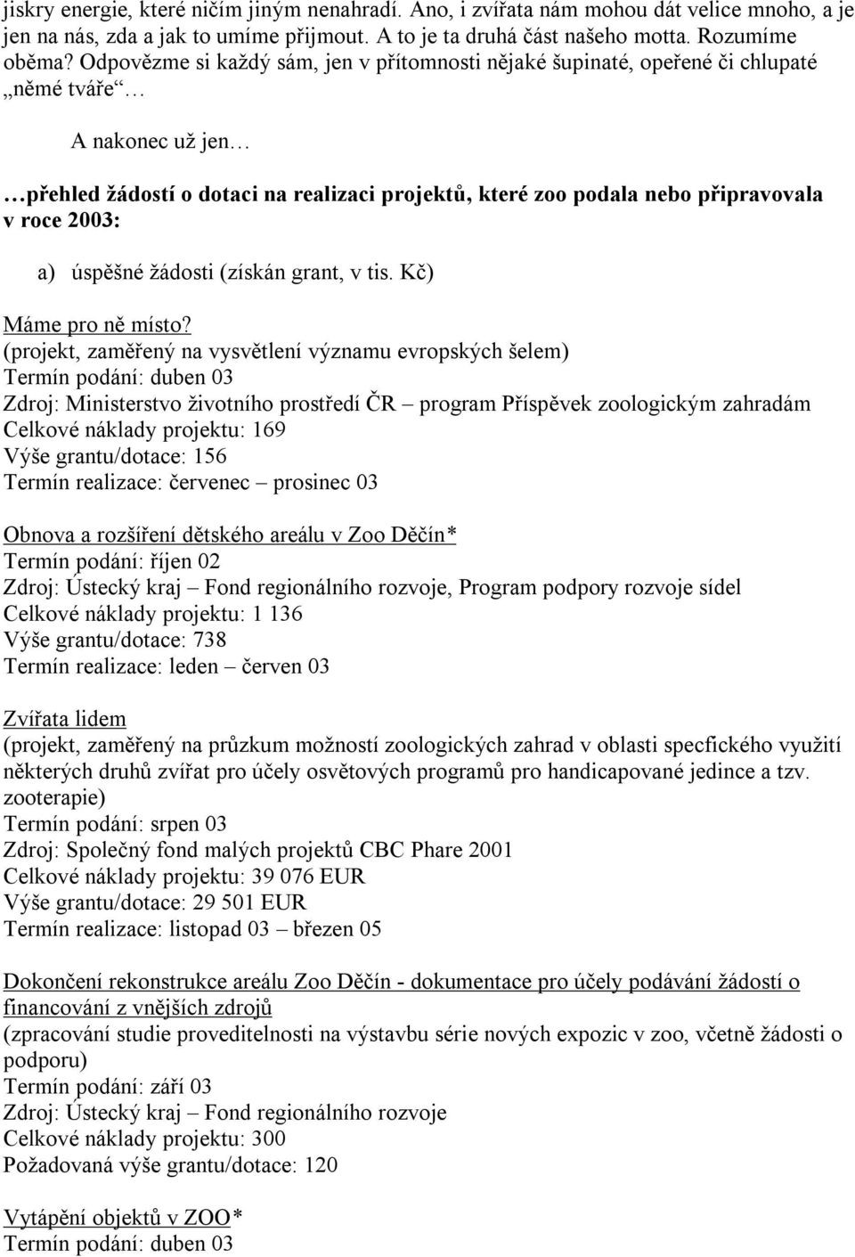 2003: a) úspěšné žádosti (získán grant, v tis. Kč) Máme pro ně místo?