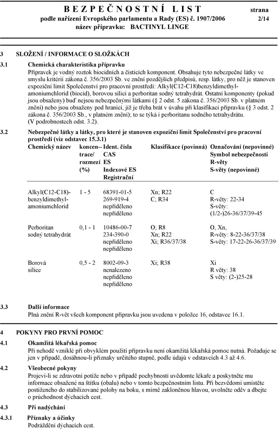 látky, pro něž je stanoven expoziční limit Společenství pro pracovní prostředí: Alkyl(C12-C18)benzyldimethylamoniumchlorid (biocid), borovou silici a perboritan sodný tetrahydrát.