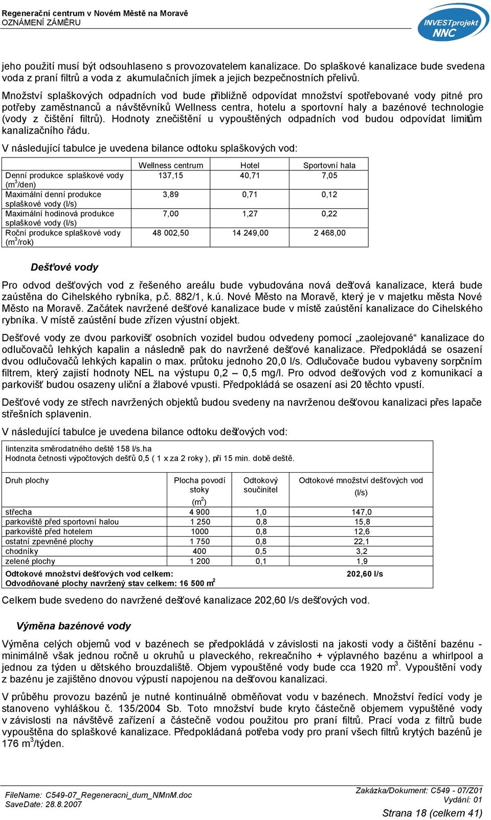 (vody z čištění filtrů). Hodnoty znečištění u vypouštěných odpadních vod budou odpovídat limitům kanalizačního řádu.