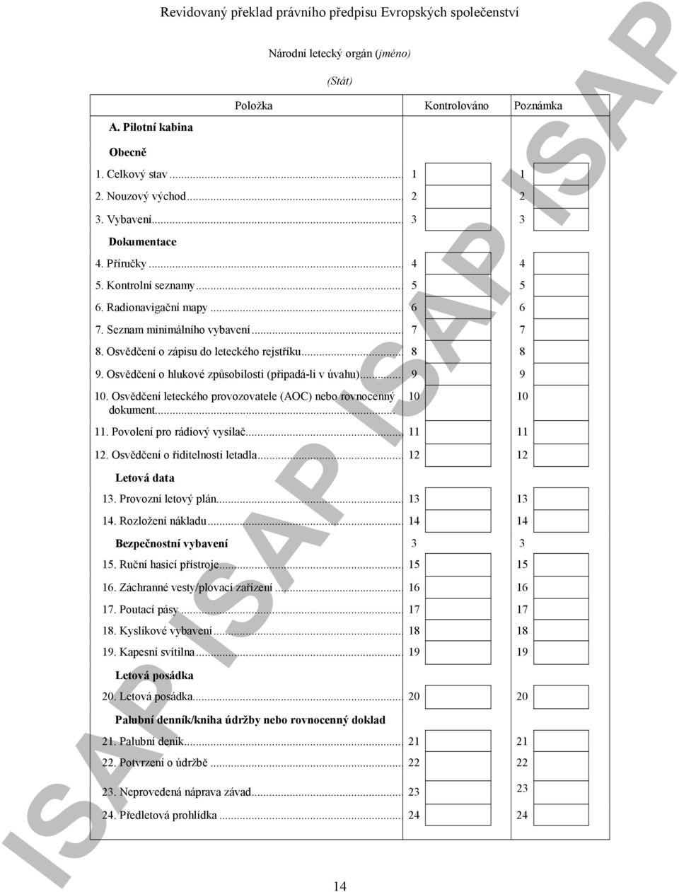 .. 8 8 9. Osvědčení o hlukové způsobilosti (připadá-li v úvahu)... 9 9 10. Osvědčení leteckého provozovatele (AOC) nebo rovnocenný dokument... 14 10 10 11. Povolení pro rádiový vysílač... 11 11 12.